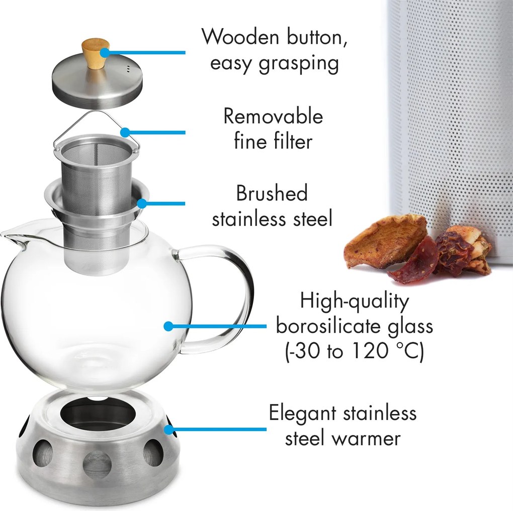 Klarstein Sencha, dizajnová kanvica na čaj, s ohrievačom, 1,3 l, z nehrdzavejúcej ocele Hibiscus, sitko
