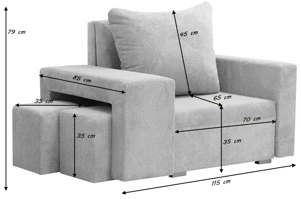 Kreslo pre 1 osobu s funkciou spania DOTA + 2 taburety Tmavošedá