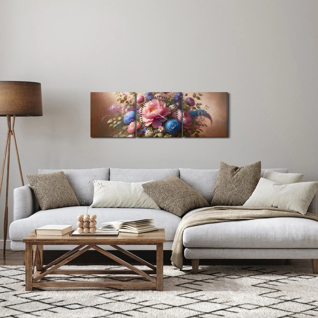 Obraz - Stôl plný kvetov (s hodinami) (90x30 cm)