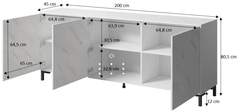 Trojdverová komoda Marmo 200 3D - biela