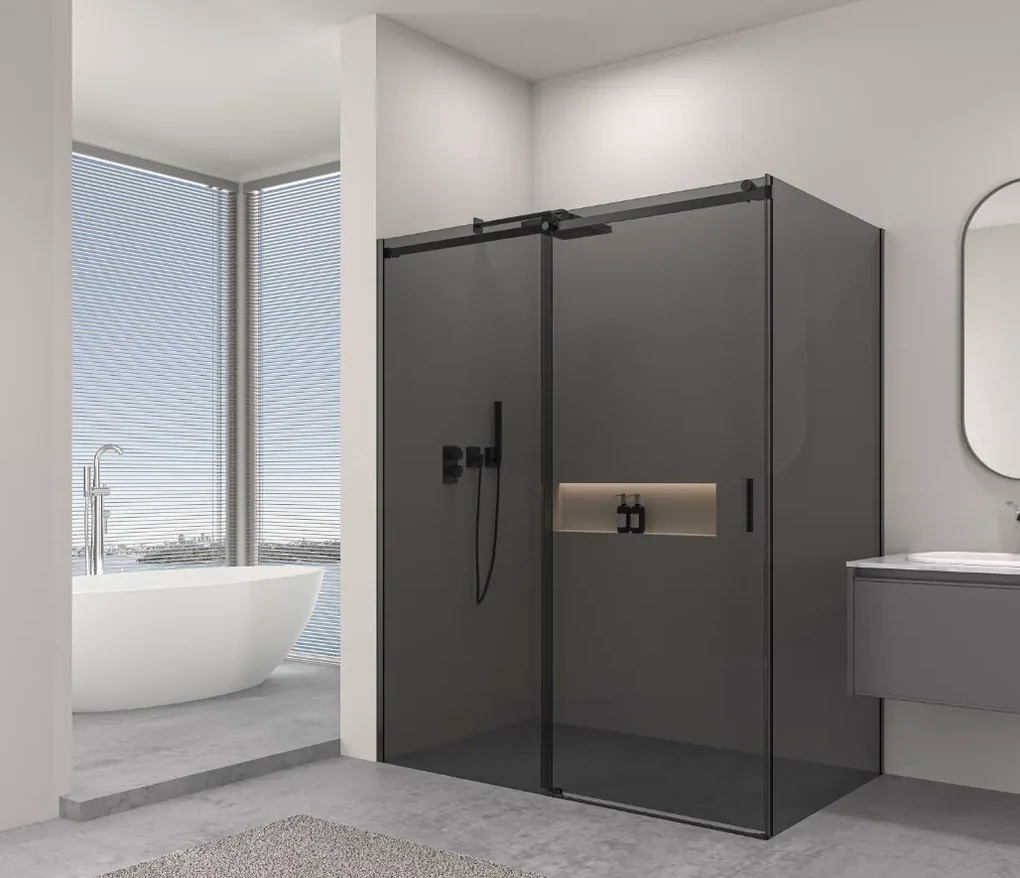 Erga Lynn, sprchový kút s posuvnými dverami 110(dvere) x 80(stena) x 195 cm, 8mm šedé sklo, čierny profil, ERG-V02-LYNN-D110G080-GR-BK