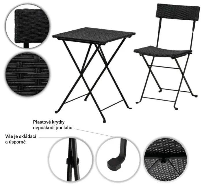 Stilista záhradný polyratanový set, čierny, 2 stoličky+stôl