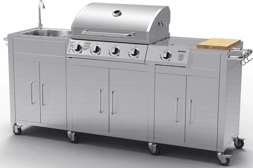 Nerezová záhradná BBQ kuchyňa s umývadlom BestBerg BBBQ-29SS / 5 horákov / 17,2 kW / strieborná