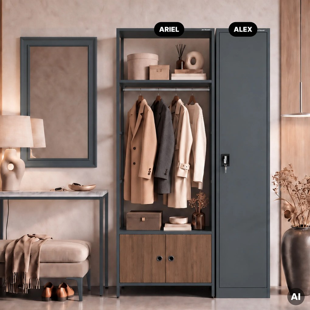 Kancelársky regál otvorený s tyčou na oblečenie, do recepcie a čakárne, kovový, antracitový/orech, 800x2200x400 mm: ARIEL Eco Design