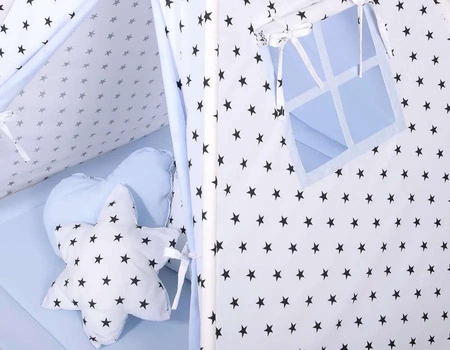 Bobono Stan Teepee pre deti + hracia podložka + vankúše + ozdobné perie - Black Stars/modrá