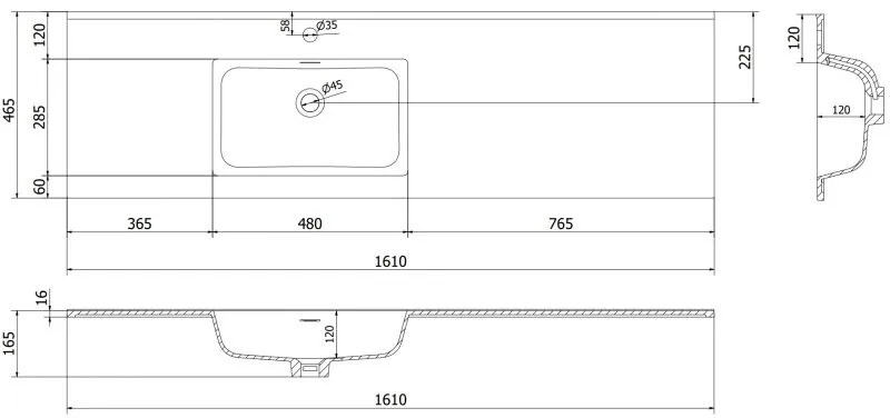 Mexen Otis umývadlo zapustené do dosky, ľavé, 161 × 46,5 cm, biela matná, 25181601L