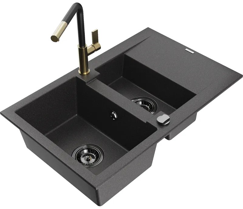 Mexen Gaspar, 1,5-komorový granitový drez 737x475x177 mm a drezová batéria Flora, čierna škvrnitá, 6507-76-670401-57-B