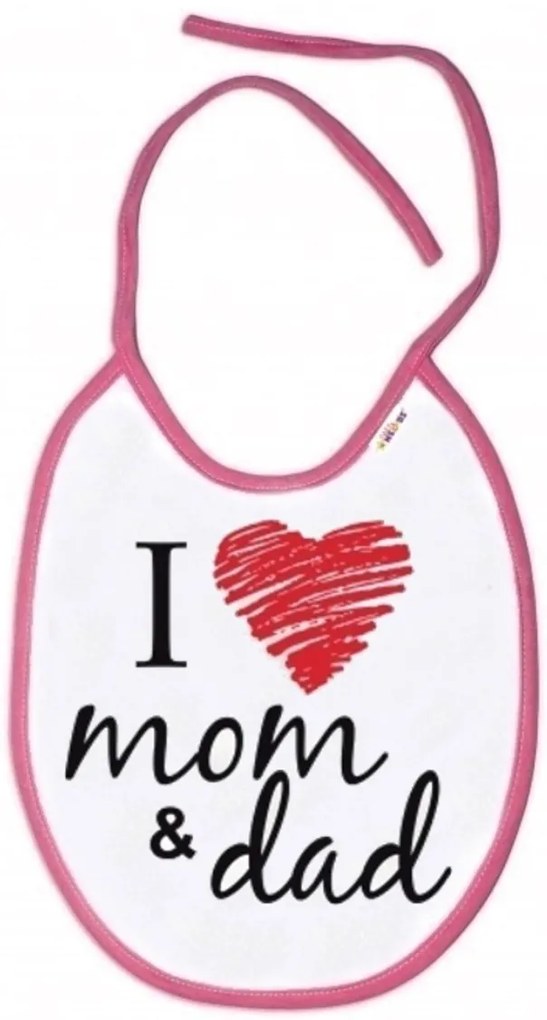 Nepremokavý podbradník I love mom &amp; dad, 24 x 27 cm - ružový