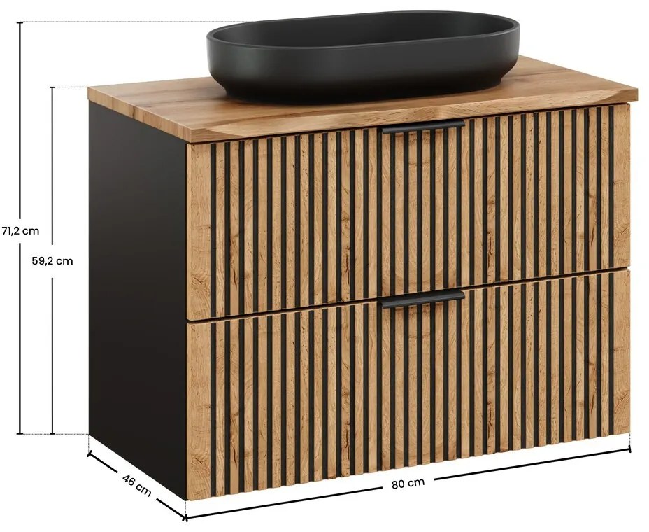 Závesná skrinka Casad Nature River s doskou a umývadlom 80 cm dub wotan/čierna