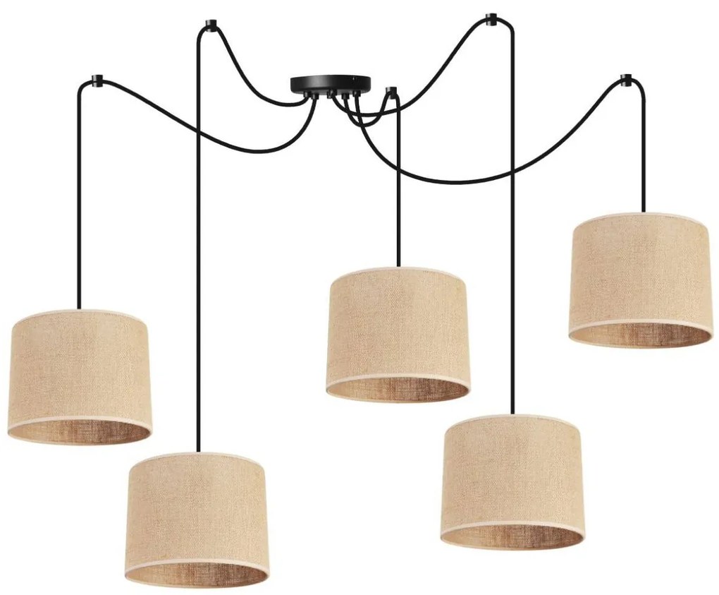 Závesné svietidlo Juta Spider, 5x jutové textilné tienidlo, (výber z 2 farieb konštrukcie), (fi 20cm)