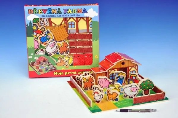 Domeček dřevěná farma Moje první zvířátka 31x31cm 28ks+podložka v krabici MPZ