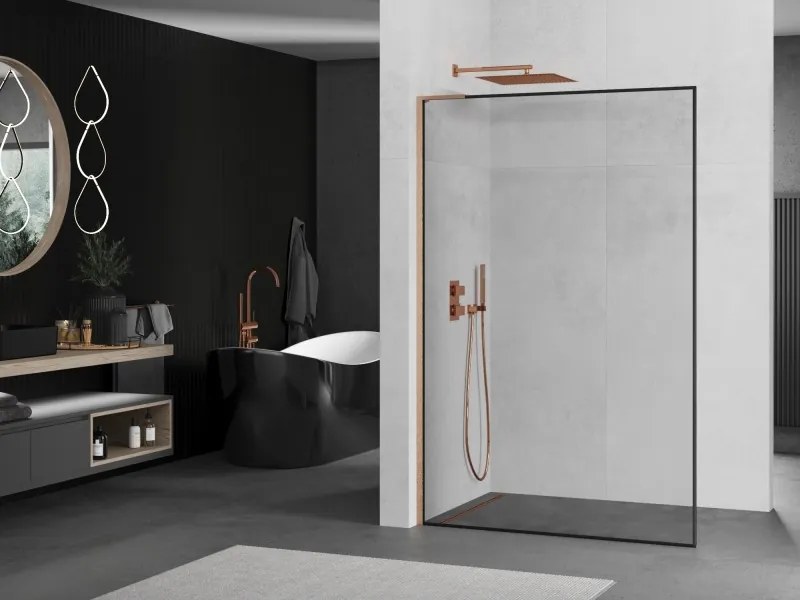Mexen Kioto L, sprchová zástena Walk-In 60 x 200 cm, 8mm číre sklo čierny vzor, medený matný profil, 800-060-103-65-70