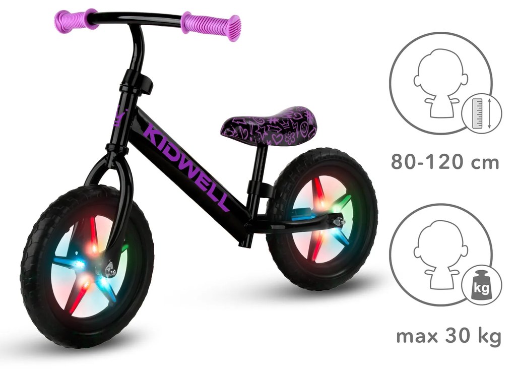 Kidwell Rebel LED balančný bicykel pre deti – LED ráfiky, EVA kolesá 28 cm, bez batérií
