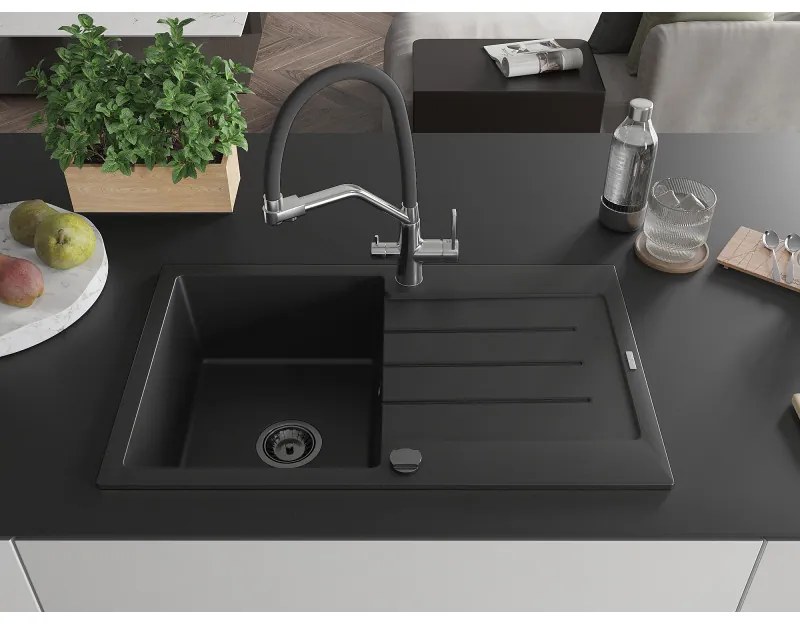 Mexen Bruno, 1-komorový granitový drez 795x495x200 mm a drezová batéria Duo, čierna, 6513-77-671701-07-B