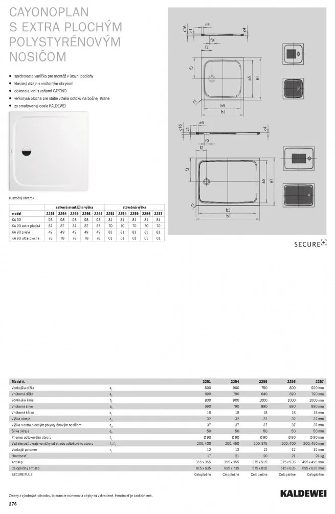 Kaldewei Cayonoplan - Sprchová vanička 900x900 mm, so zníženým polystyrénovým nosičom, alpská biela 361447980001