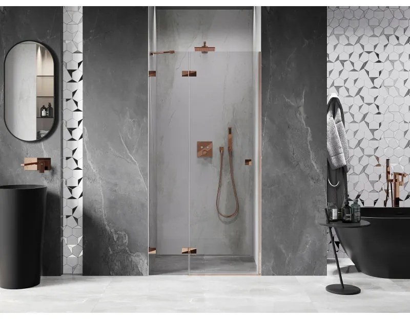 Mexen Lunar, ľavé otočné sprchové dvere 125 cm, 8mm číre sklo, ružové zlato profil, 834-125-000-60-00-L