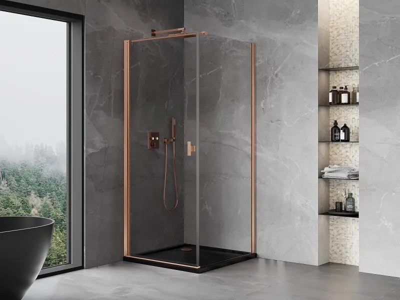 Mexen Mist-B, 1-krídlový výklopný sprchový kút 80 x 80 cm, číre sklo, medený matný profil, 8A2T-080-080-65-00