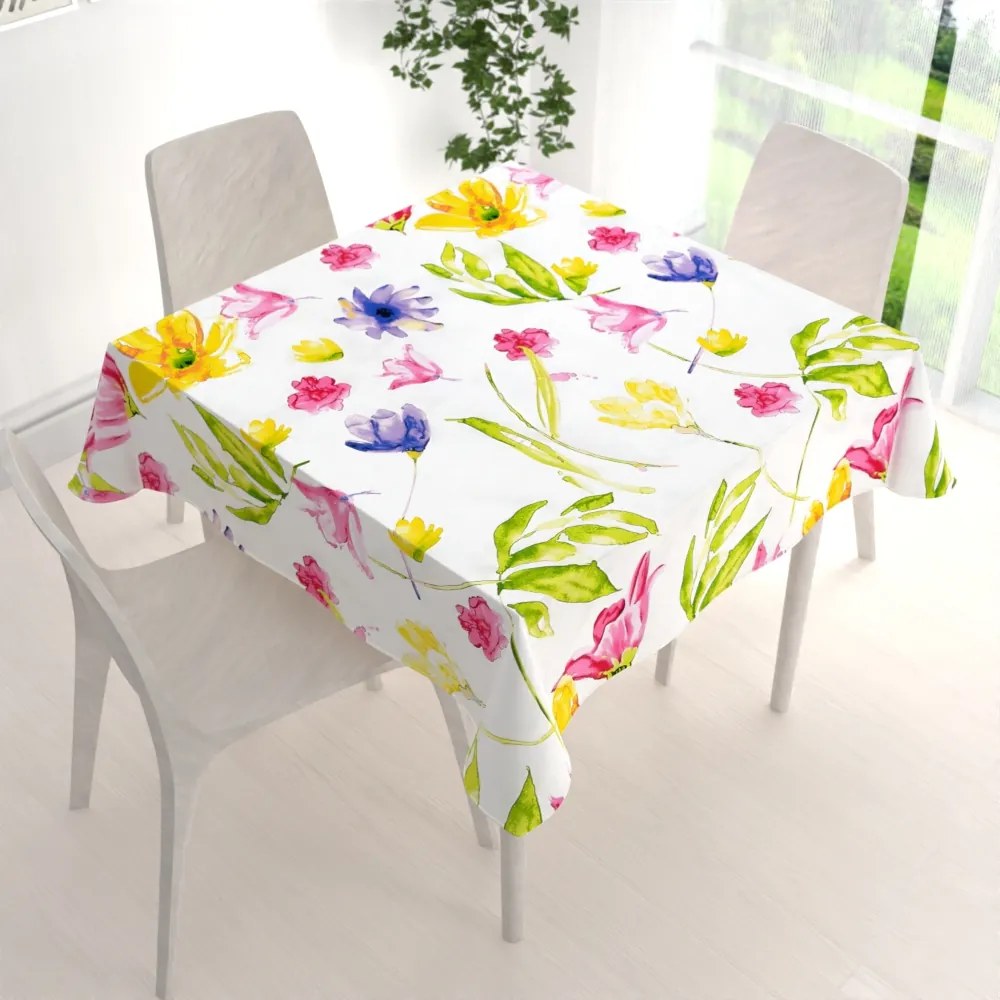 Biante Bavlnený štvorcový obrus Sandra SA-481 Žlto-ružové akvarelové kvety na bielom 90x90 cm