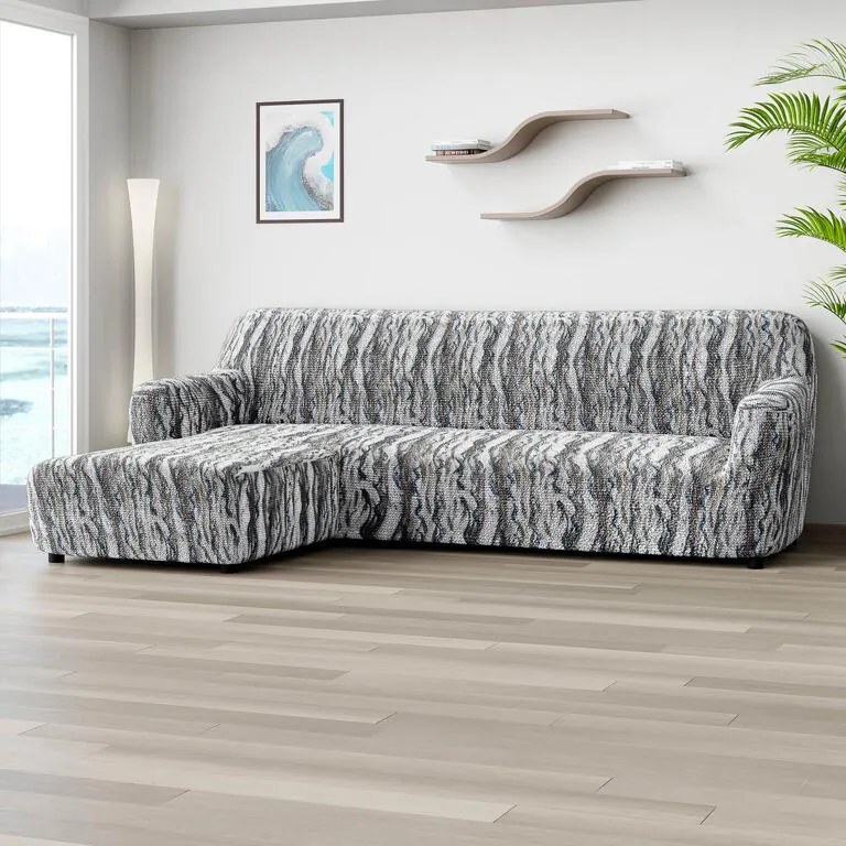 Bielastické poťahy OCEANO NOVÉ šedo-modré sedačka s otomanom vľavo (š. 170 - 300 cm)