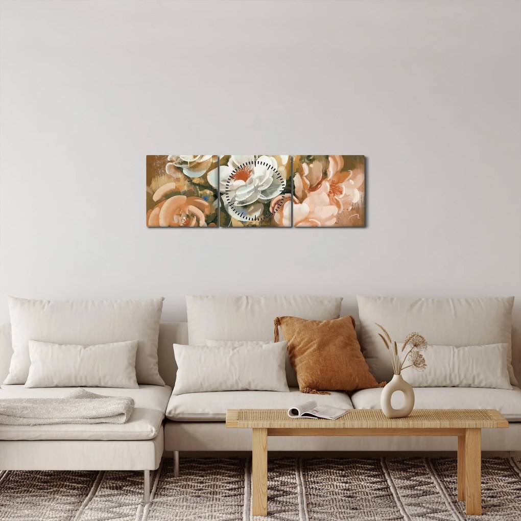 Obraz - Maľovaná kytica kvetov (s hodinami) (90x30 cm)