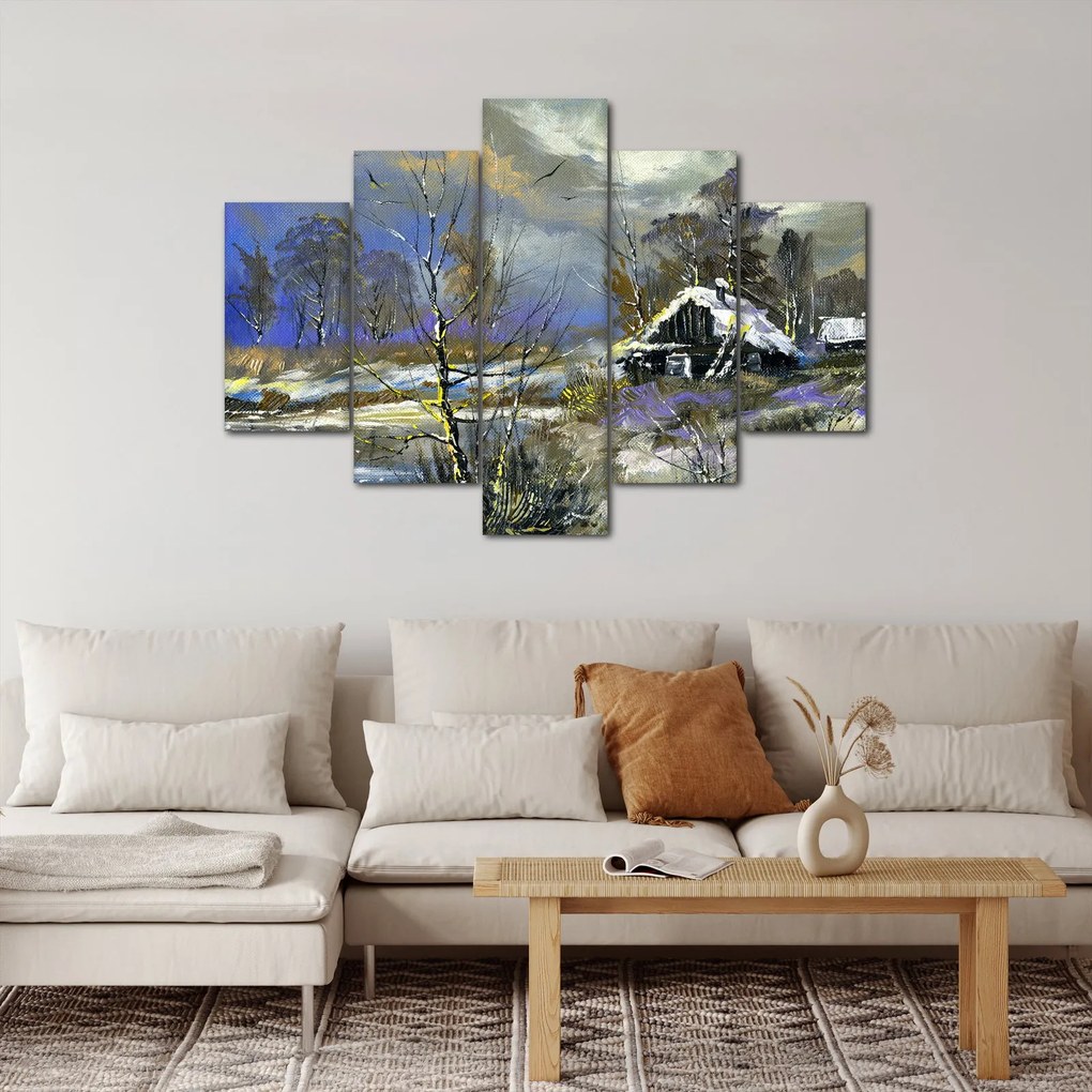 Obraz chalúpky v zimnej krajine, olejomaľba (150x105 cm)