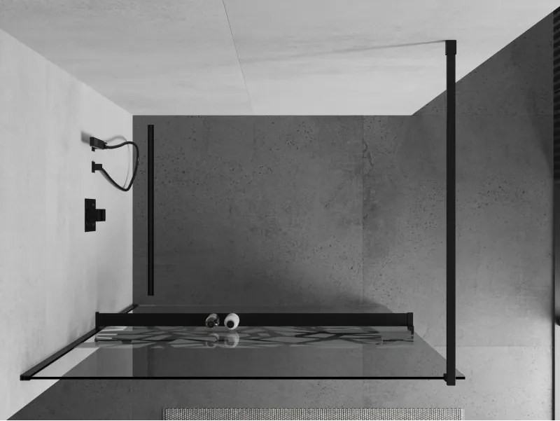 Mexen Kioto+, sprchová zástena s poličkou a držiakom na uteráky 110 x 200 cm, 8mm sklo číre sklo vzor biely, čierny profil, 800-110-121-70-85