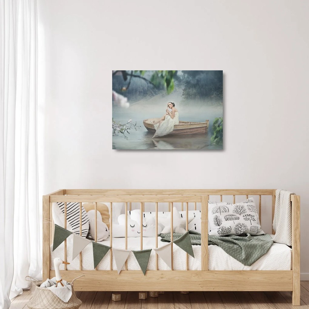 Sklenený obraz - Žena na loďke (70x50 cm)
