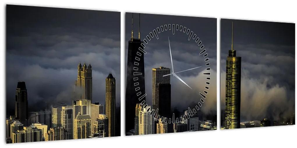 Obraz mesta v oblakoch (s hodinami) (90x30 cm)