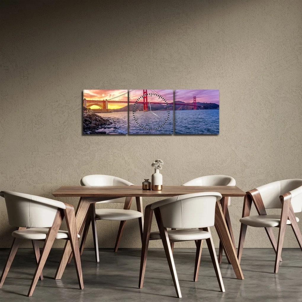 Obraz mosta pri západe slnka (s hodinami) (90x30 cm)