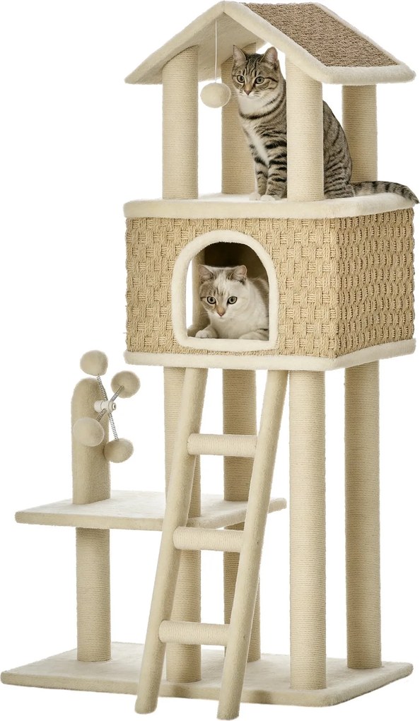 PawHut Stromček pre mačky s škrabadlom 130H cm, lezecký strom s mačacou búdou, hračkami, jutovými stĺpmi, veľkou platformou, particle board, plyšový,