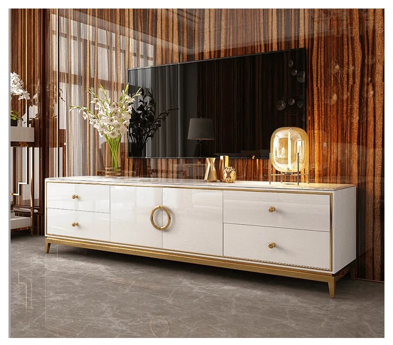 EXKLUZÍVNY TV STOLÍK LAURETTE BIELY LESK + ZLATÝ