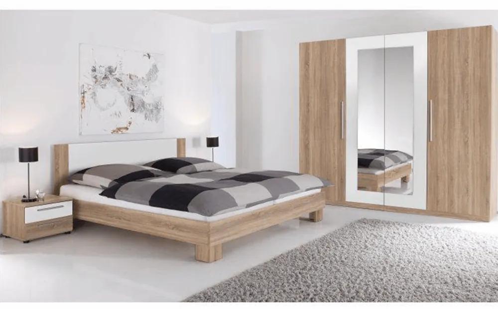 Spálňový komplet (skriňa, posteľ a 2 nočné stolíky), dub sonoma/biela, MARTINA