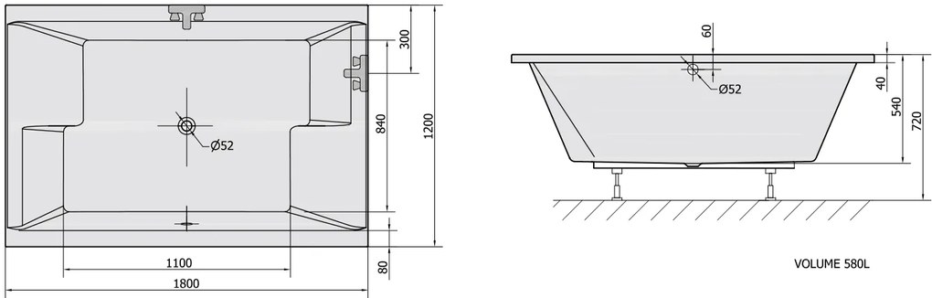 Polysan Polysan, DUPLA asymetrická vaňa 180x120x54cm, biela, 13611