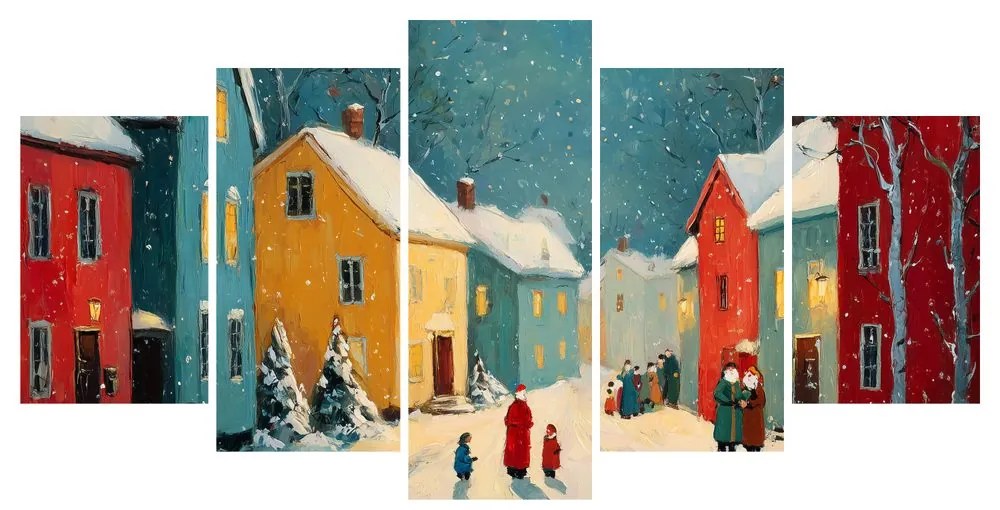 5-dielny obraz zimná dedinka pod snehom