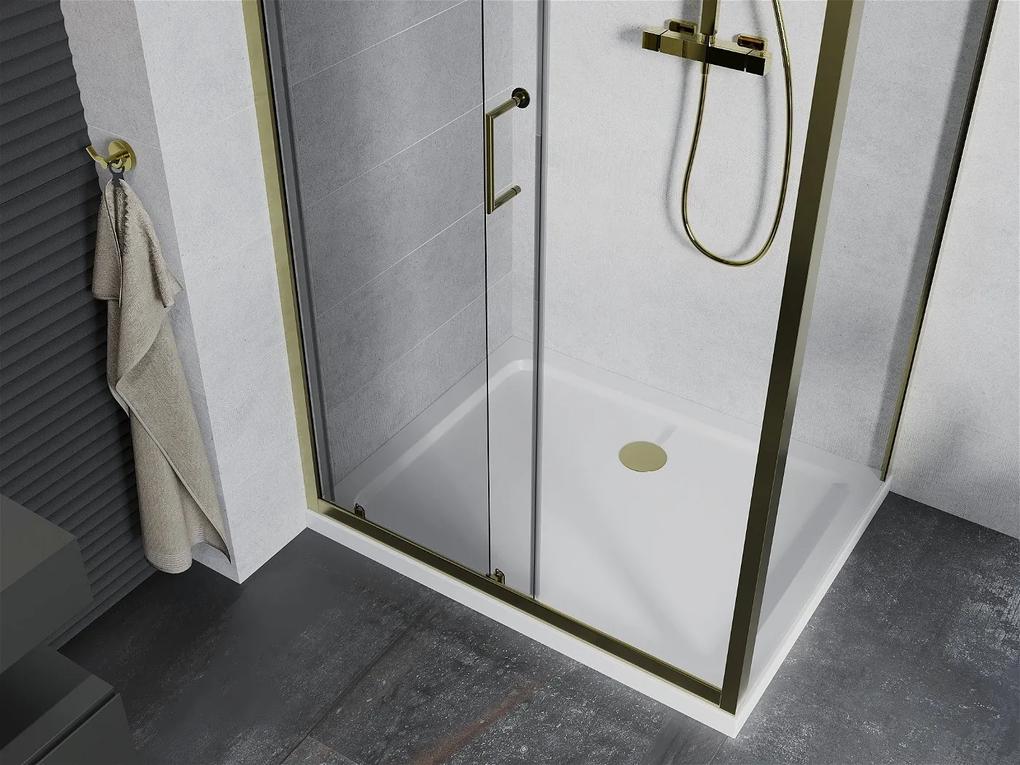 Mexen Apia sprchovací kút s posuvnými dverami 120 (dvere) x 80 (stena) cm, 5mm číre sklo, zlatý profil + biela sprchová vanička SLIM, 840-120-080-50-00-4010G