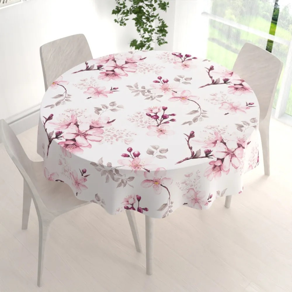 Biante Bavlnený okrúhly obrus Sandra SA-583 Ružové kvety s vetvičkami na bielom Ø 80 cm