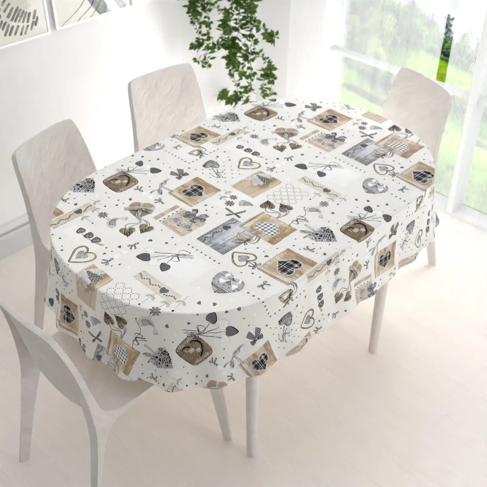 Biante Dekoračný oválny obrus Porto PRT-014 Hnedo-sivé srdiečka na krémovom 80x120 cm