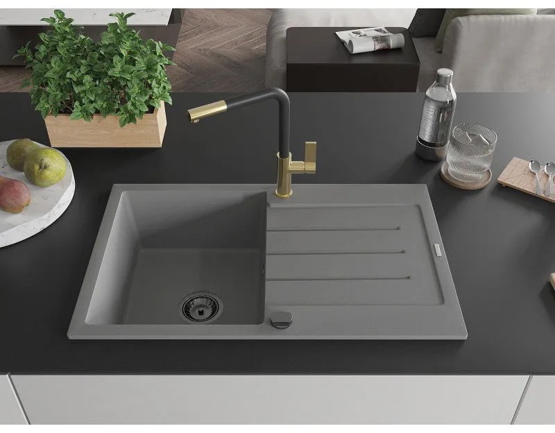 Mexen Bruno, 1-komorový granitový drez 795x495x200 mm a drezová batéria Flora, šedá, 6513-71-670401-57-B