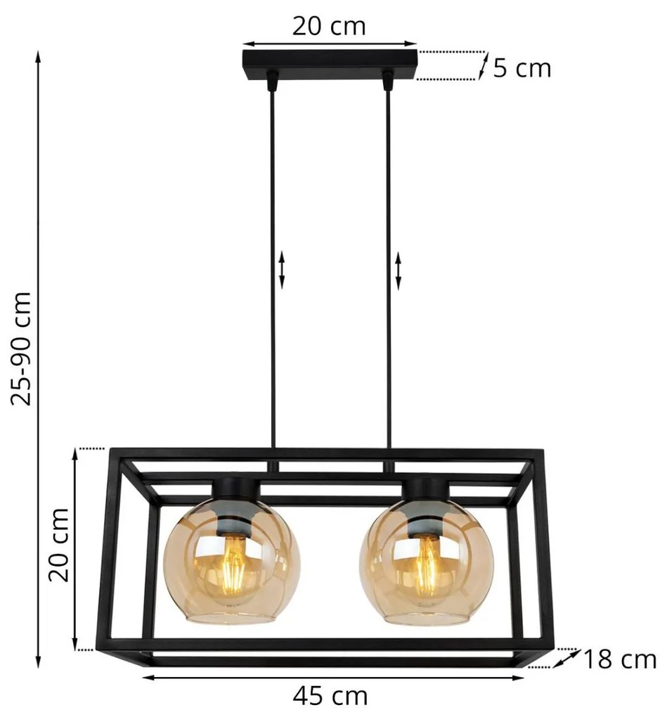 Závesné svietidlo Haga cage, 2x medové sklenené tienidlo v kovovom ráme