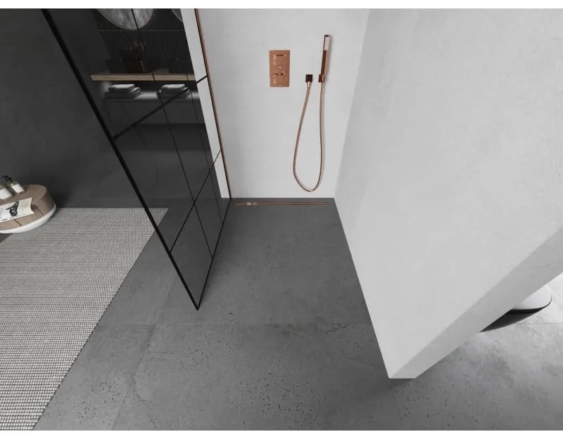 Mexen Kioto, sprchová zástena 120x200 cm, 8mm číre sklo s čiernym vzorom, profil ružové zlato, 800-120-101-60-77