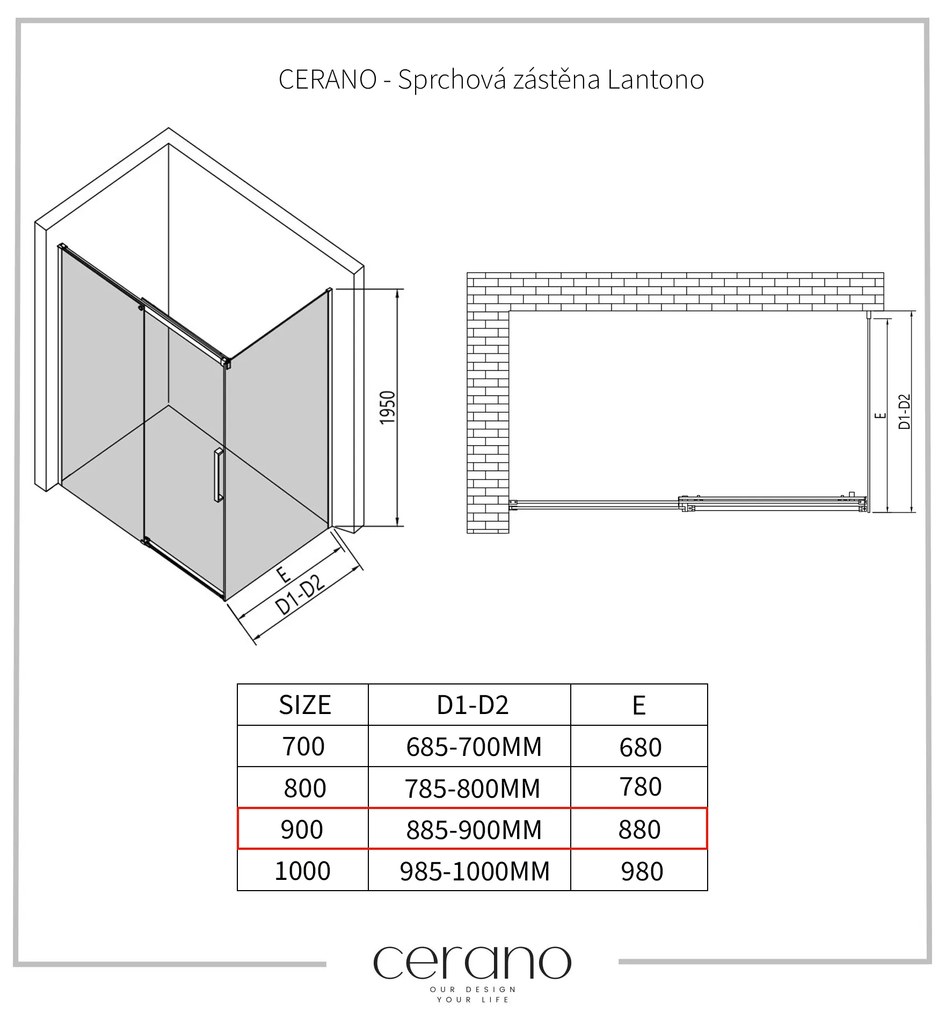 CERANO - Sprchová zástena pre dvere Lantono L/P - 8 mm - čierna matná, grafitové sklo - 90x195 cm - jednodielna pevná, CER-CER-8050BD7246