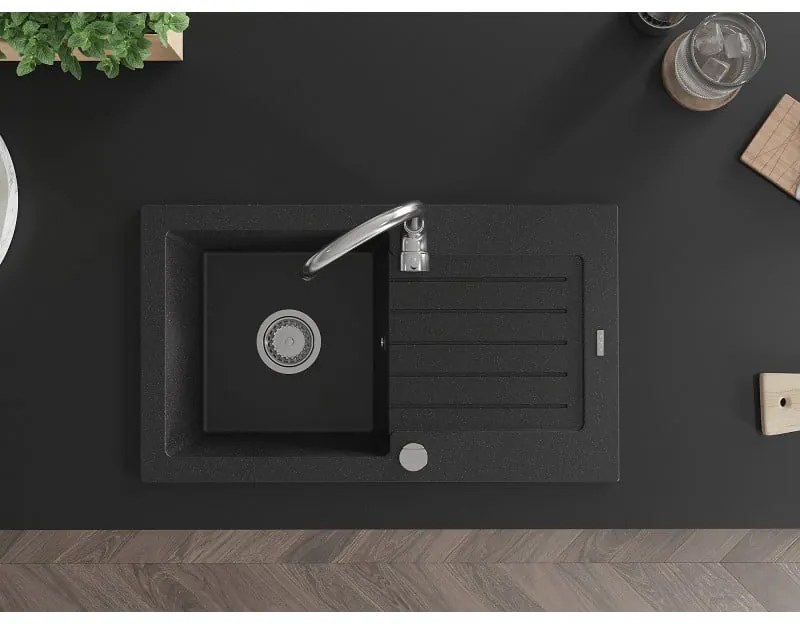 Mexen Pablo, 1-komorový granitový drez s odkvapkávačom 75x44 cm a kuchynskou batériou Telma, čierna-strieborná, 6510-73-670200-00