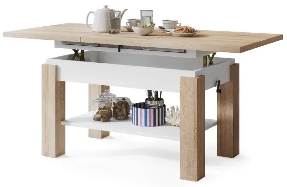 Rozkladací konferenčný/jedálenský stôl s policou ADONIS dub sonoma/biela