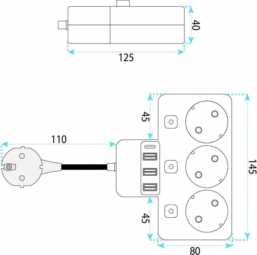 Toolight Toolight, JNH018, zásuvkový rozbočovač 3 zásuvky + 3× USB-A + USB-C s LED svetlom, biela, OSW-56306