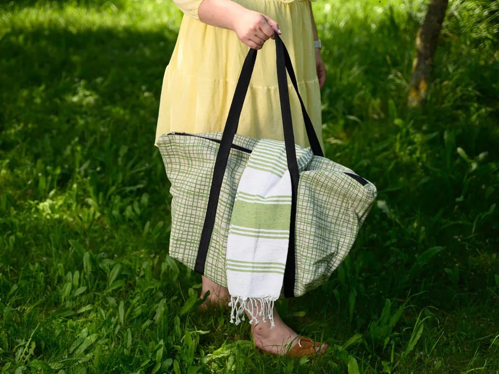 Štýlový set plážovej tašky + osušky HAMAM 75x150 cm, zelený, 100% bavlna