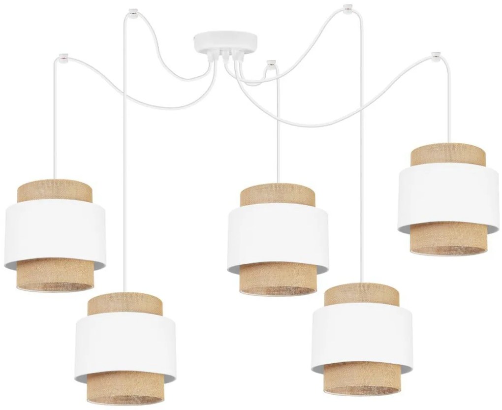 Závesné svietidlo Boho Spider, 5x jutové/biele textilné tienidlo