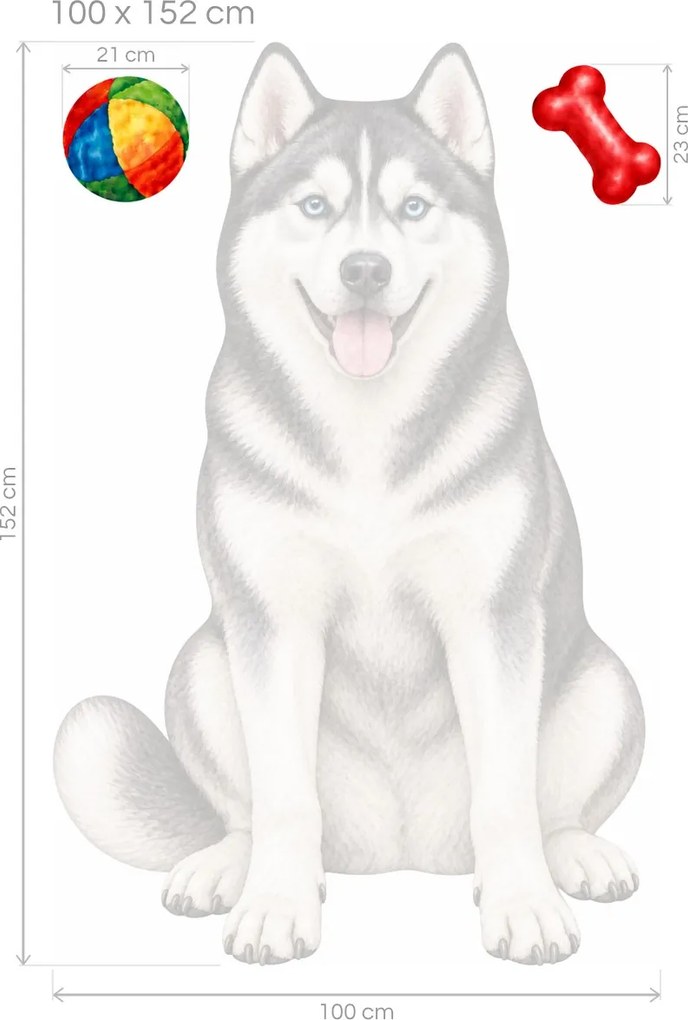 Sibírsky husky s loptičkou a kosťou maľované textilné nálepky na stenu pre milovníkov huskyho arch 30 x 46 cm