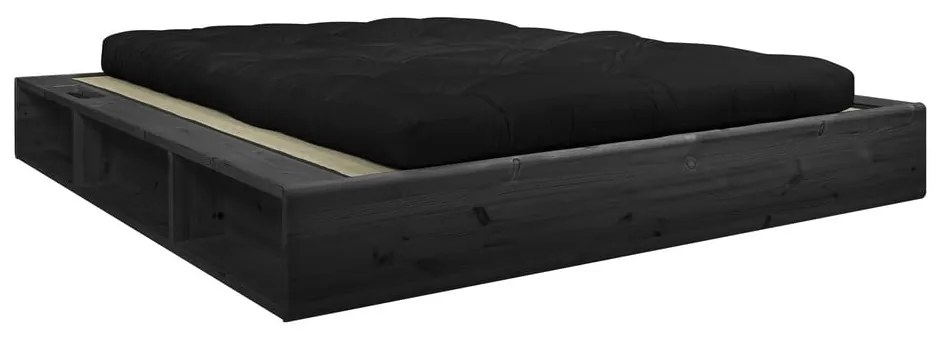 Čierna dvojlôžková posteľ z masívneho dreva s čiernym futonom Comfort a tatami Karup Design, 140 x 200 cm