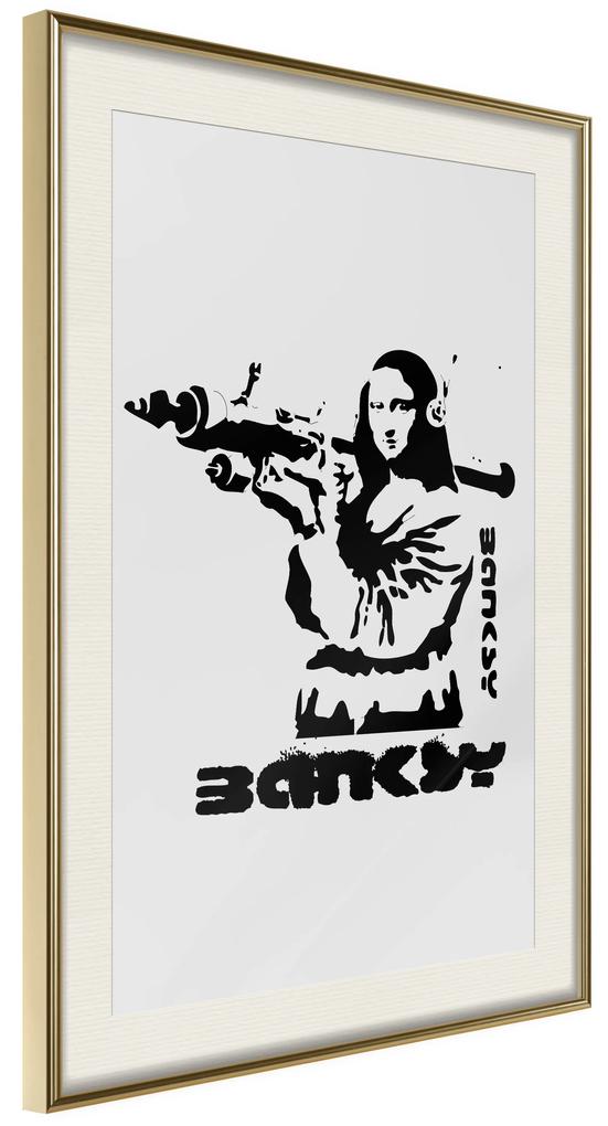 Artgeist Plagát - Mona Lisa with a Bazooka [Poster] Veľkosť: 30x45, Verzia: Zlatý rám s passe-partout