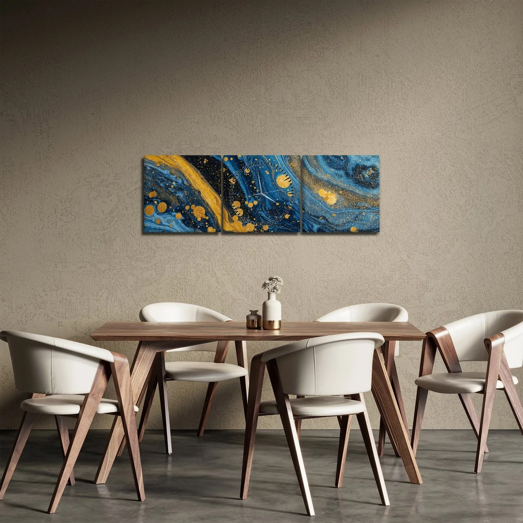 Obraz - Modrá abstrakcia so zlatom (s hodinami) (90x30 cm)